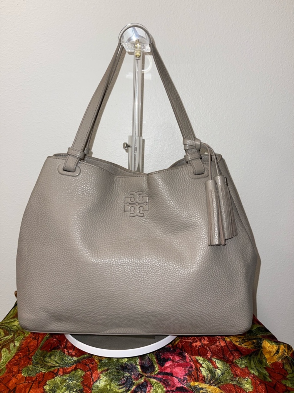 Tory Burch Taupe Pebbled Leather Shoulder Bag